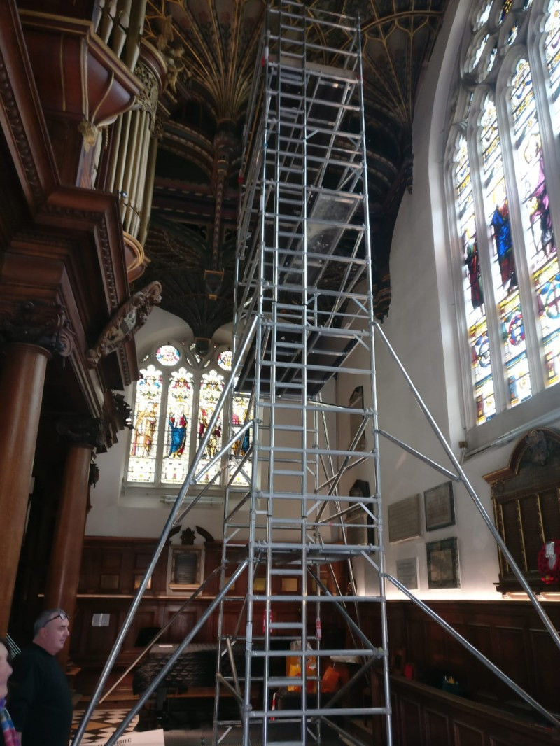 Ceiling Access inside a church. Aluminium equipment reducing the loading on the fragile church floor.