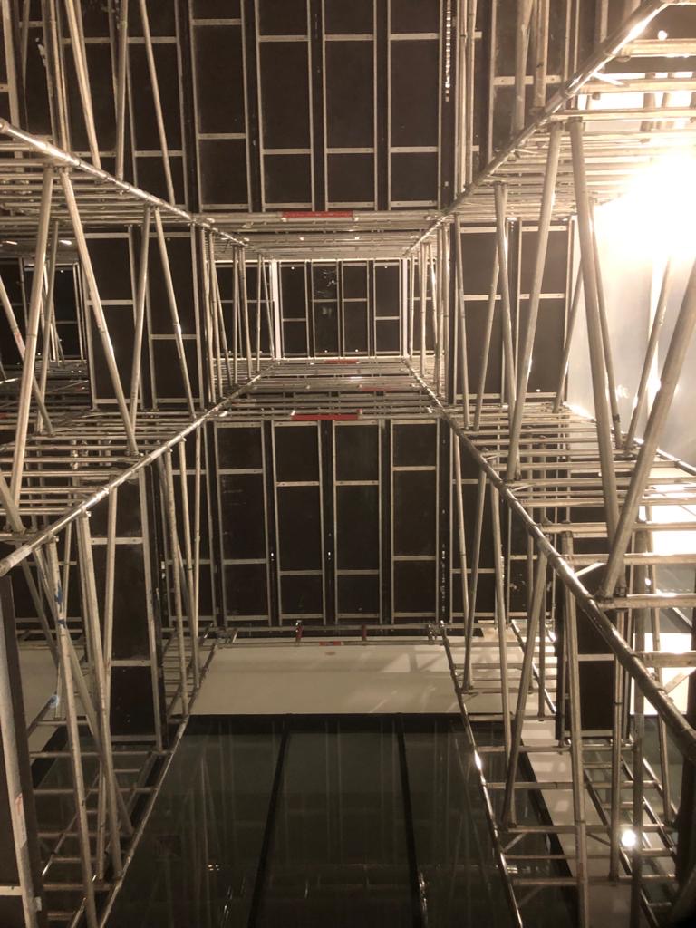 View from the ground - 17m birdcage tower scaffold structure, with working platforms at 10m, 12m, 14m & 16m